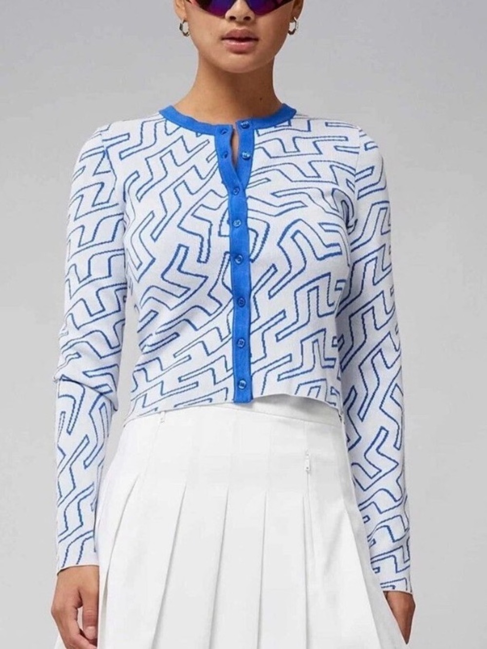J.Lindeberg White Cardigan Jacket with Blue Geometric Trim, Size S